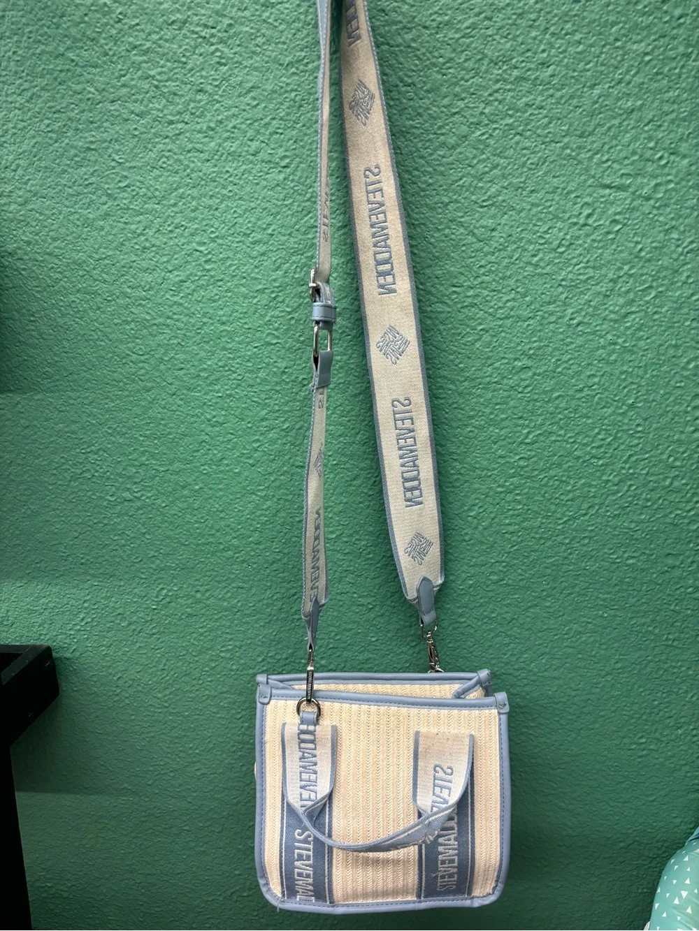 Steve Madden Cream and Blue Logo Strap Woven Tote